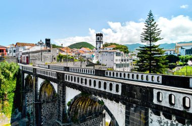 Aerial shot, drone point of view of Ribeira Grande town in the Ponta Delgada island. Sao Miguel, Azores, Portugal. Travel destinations and tourism concept clipart