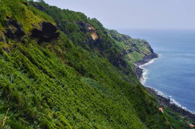 Güneşli yaz gününde, yeşil tepeler ve Atlantik Okyanusu 'na bakan insansız hava aracı görüntüsü. Sao Miguel, Ponta Delgada Adası, Azores, Portekiz. Kuş bakışı. Seyahat yerleri, turistik yerler