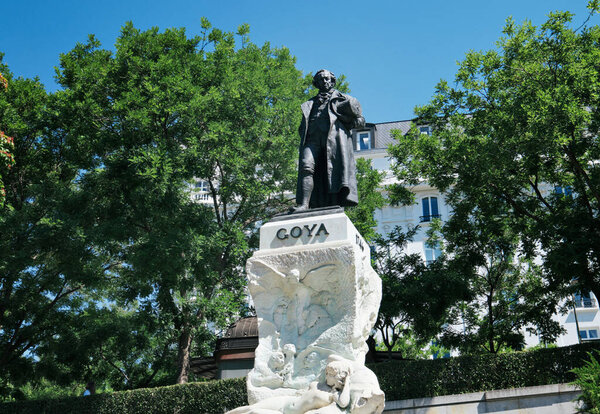 Madrid, Spain: June 30, 2021: The monument to Francisco de Goya is a Spanish sculpture dedicated to the Aragonese painter Francisco de Goya. Landmarks concept