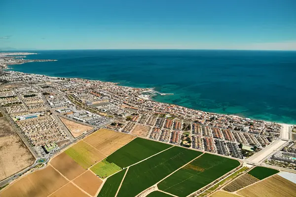Torre Horadada Aerial Shot Drone Point View Farmlands Mediterranean Sea Stock Image