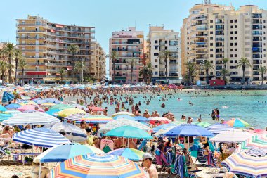 Torrevieja, İspanya - 23 Haziran 2024: Torrevieja tatil ve rahatlama kavramı, güneşli bir yaz günü, Playa del Cura plajında güneşlenen bir sürü insan. Costa Blanca, İspanya, Alicante ili