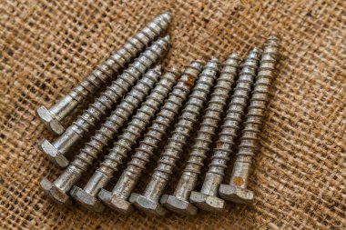 Collection of aged and used screws arranged parallelly on a fabric. clipart