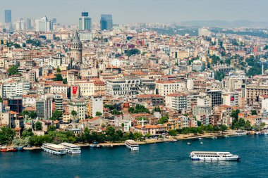 Boğazın manzarası, İstanbul 'un yoğun şehir manzarası, tarihi Osmanlı mimarisi, turistik beldesi.