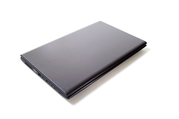 Black sleek laptop showcasing modern technology on white background.