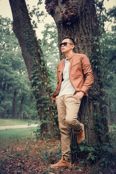 Молодой Красивый Мужчина Стоит Деревом Осеннем Парке — стоковое фото