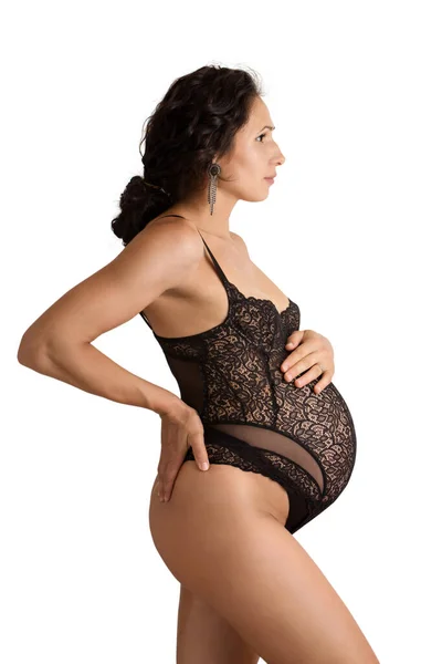 Una Hermosa Mujer Embarazada Con Pelo Largo Ropa Interior Encaje — Foto de Stock