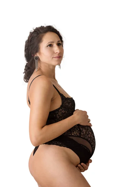 Vacker Gravid Kvinna Med Långt Hår Spetsunderkläder Isolerad Vitt — Stockfoto