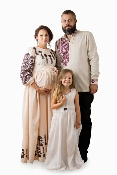 Ukrainian Family Pregnant Mother Father Daughter Traditional Folk Clothes Isolated — Stock Photo, Image