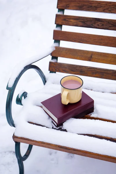 A snowy winter bench with books and a big cup of hot cocoa