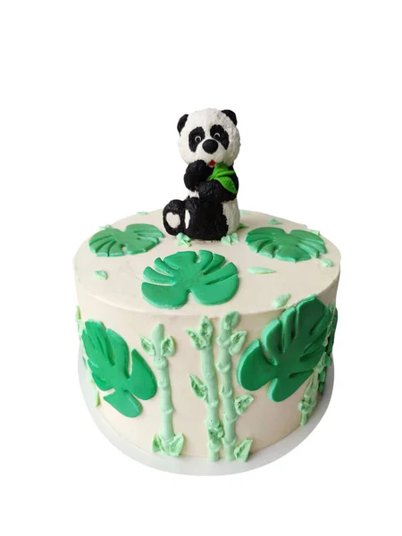 Tejszínes Torta Egy Figura Panda Trópusi Szörnylevelek Elszigetelt Fehér Alapon — Stock Fotó