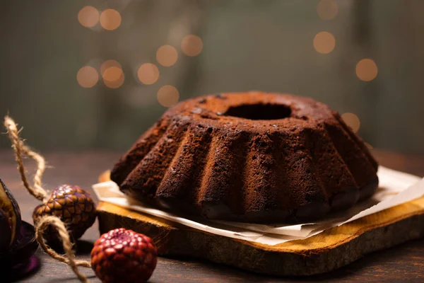 Chocolate Christmas Cupcake Nuts Chocolate Glaze Dark Background — Stock Photo, Image