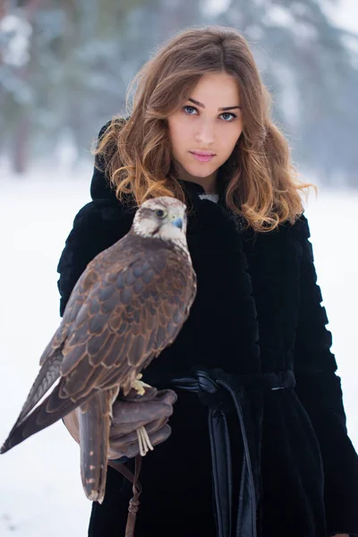 黒い毛皮のコートの女の子は冬に彼女の手に鷹を持っています — ストック写真