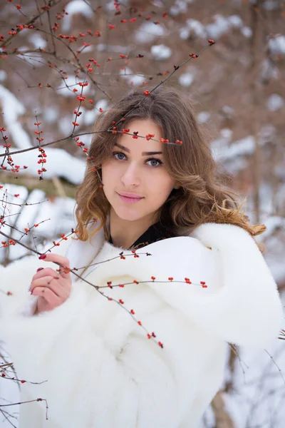 Portrét Krásné Mladé Ženy Kožichu Poblíž Bobulového Keře Zimě — Stock fotografie