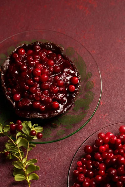 Chocolate Dessert Delicious Lingonberry Jam Burgundy Background — Stock Photo, Image