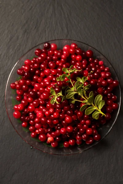 Delicious Fresh Lingonberry Berries Black Stone Board — Stock Photo, Image
