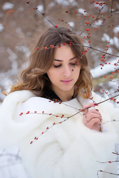 Retrato Una Hermosa Joven Abrigo Piel Cerca Arbusto Bayas Invierno —  Fotos de Stock