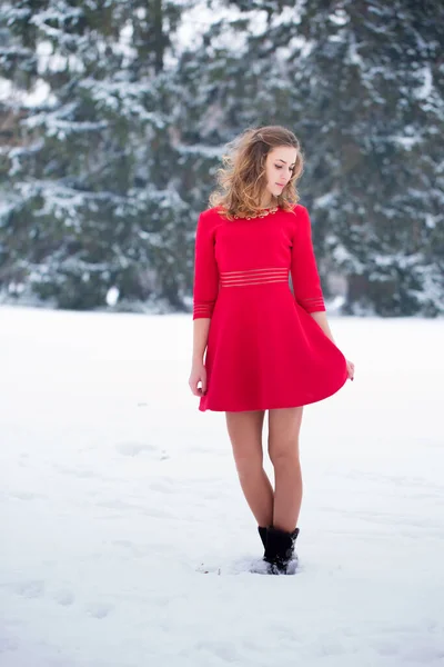 Uma Menina Vestido Vermelho Claro Parque Inverno — Fotografia de Stock