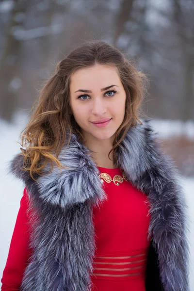 Ένα Κορίτσι Ένα Ανοιχτό Κόκκινο Φόρεμα Στο Πάρκο Χειμώνα — Φωτογραφία Αρχείου