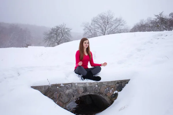 Uma Jovem Medita Uma Ponte Parque Inverno — Fotografia de Stock