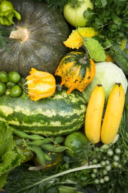 Yeşil, sarı sebze ve meyvelerin arka planı