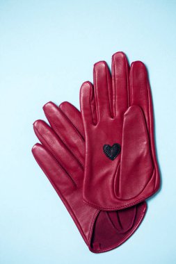 Mavi arka planda yumuşak, hakiki deriden yapılmış bordo kadın eldivenleri.