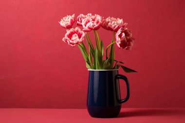 Beautiful spring bouquet of pink tulips in a blue decanter on a pink background. Color Viva Magenta 18-1750, in 2023