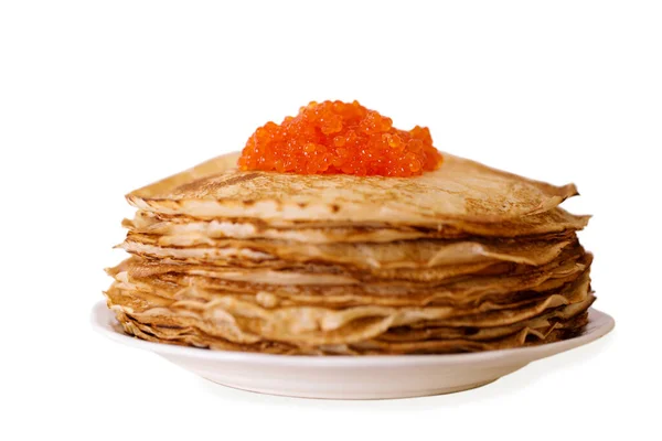 Delicious Thin Ruddy Pancakes Red Caviar Isolated White Background Royaltyfria Stockfoton