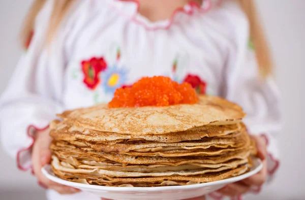Girl Ukrainian Embroidered Dress Holding Pancakes Red Caviar Light Background 스톡 사진