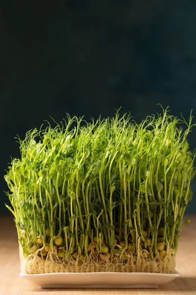 发芽的豌豆芽 在木制桌子上的白色长方形盘子中的微绿色 — 图库照片