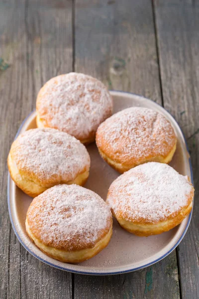 Ruddy Delicious Donuts Berliners Filling Sprinkled Powdered Sugar Rustic Background — Stock Photo, Image