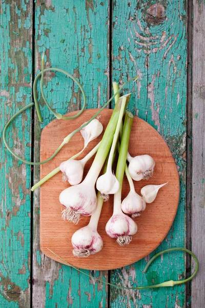 Fragrant Garlic Vintage Wooden Background — Stock Photo, Image