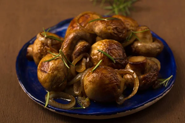 Fried Mushrooms Champignons Rosemary Onions Plate Dark Background — Stock Photo, Image