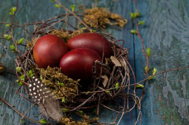 Dallardan ve yosunlardan yapılmış küçük bir yuvadaki paskalya yumurtaları ahşap arka planda, kırsal tarzda.