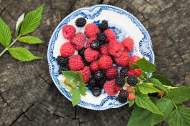 Eski bir tabakta olgun ahududu ve yabani böğürtlen