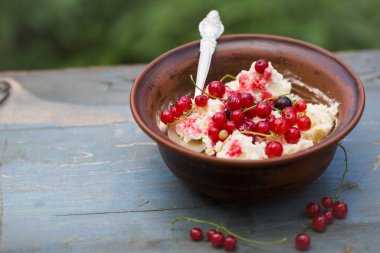 Bahçede ev yapımı süzme peynir ve frenk üzümü kahvaltısı.
