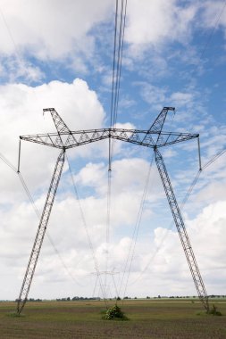 Güneşli bir günde, tarlada yüksek voltajlı elektrik hattı