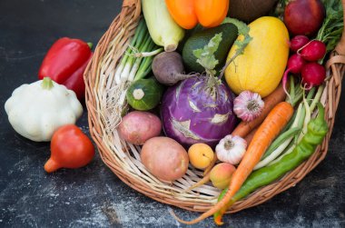 İçinde çeşitli meyve ve sebzeler olan büyük bir hasır sepet. Doğurganlık ve iyi hasat kavramı.