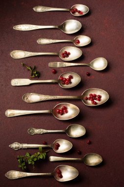 Böğürtlenli çeşitli eski kaşıklar, bordo bir arka planda.