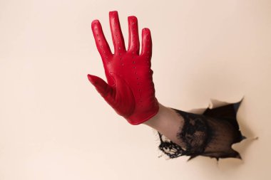 Kırmızı deri eldivenli bir kadının eli bir selamlama ya da veda göstergesidir. El, bej kağıttaki bir delikten itilir..