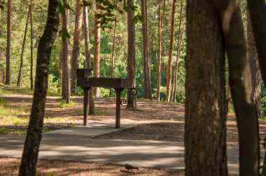 Çam ormanında tek başına duran eski metall Brezilya (mangal ızgarası)