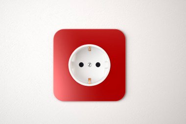 Red power socket on white wall. 3D Rendering