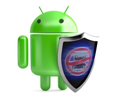 Android Robot with shield. 3D illustration. Isolated