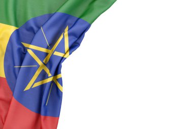 Flag of Ethiopia in the corner on white background. Isolated. 3D illustration