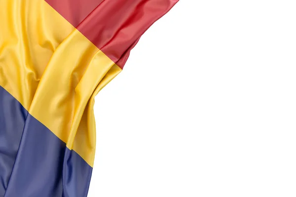 Σημαία Της Ρουμανίας Στη Γωνία Λευκό Φόντο Απόδοση Μεμονωμένα — Φωτογραφία Αρχείου
