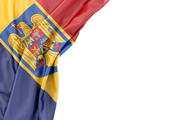 Flagga Rumänien Med Vapensköld Hörnet Vit Bakgrund Återgivning Isolerad — Stockfoto