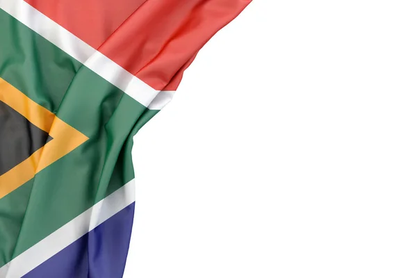 在白色背景的角落里挂着南非共和国国旗 3D渲染 被隔离了 — 图库照片