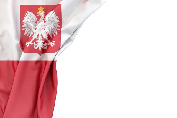 白い背景の角に腕のコートを持つポーランドの旗 3Dレンダリング — ストック写真