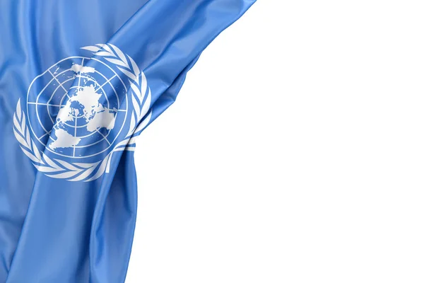 Egyesült Nemzetek Zászlója Sarokban Fehér Háttérrel Renderelés Elszigetelt — Stock Fotó