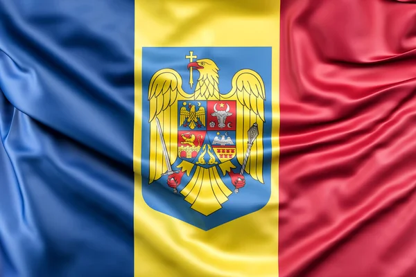 Svampig Rumäniens Flagga Med Vapensköld Återgivning — Stockfoto