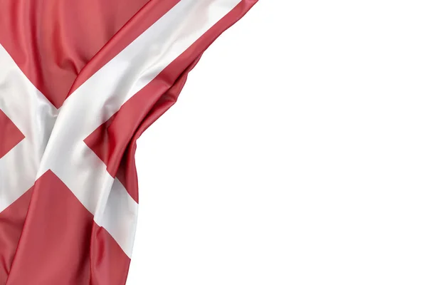 丹麦国旗在白色背景的角落里 孤立无援3D渲染 — 图库照片